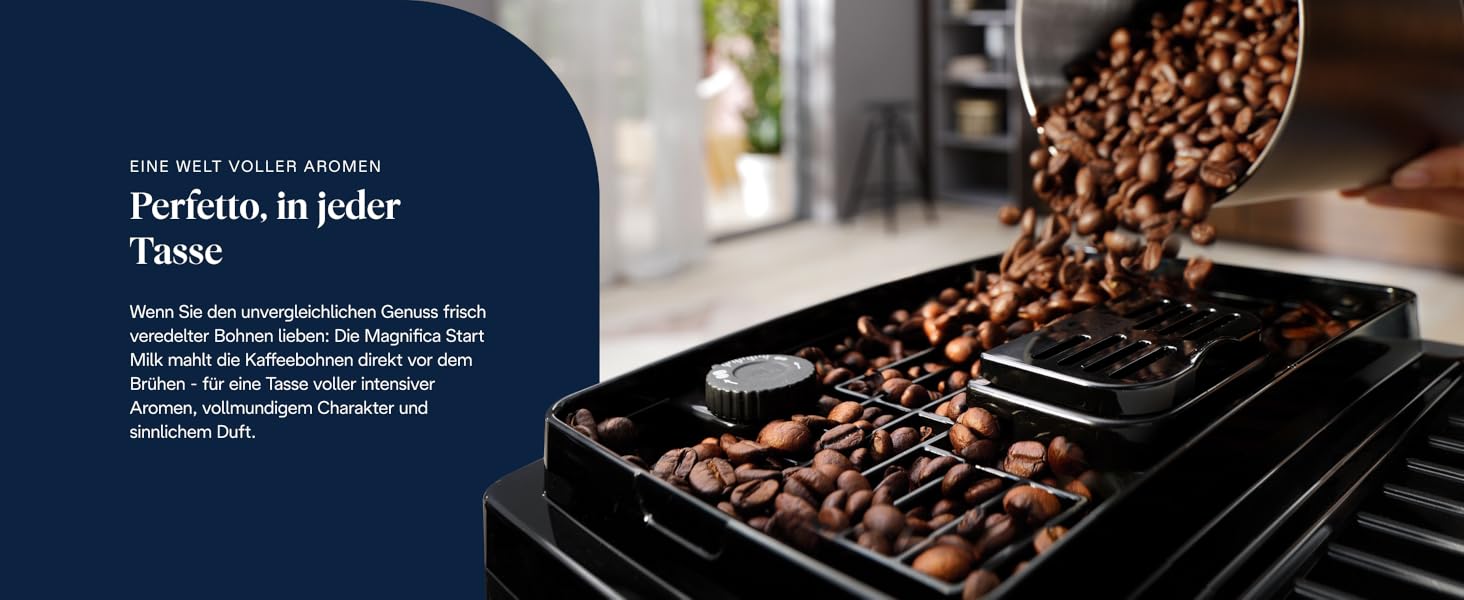 Nahaufnahmen von Kaffeebohnen auf einer dunklen Oberfläche und Kaffee beim Brühen. Professionelle Kaffeegeräte in moderner Umgebung.