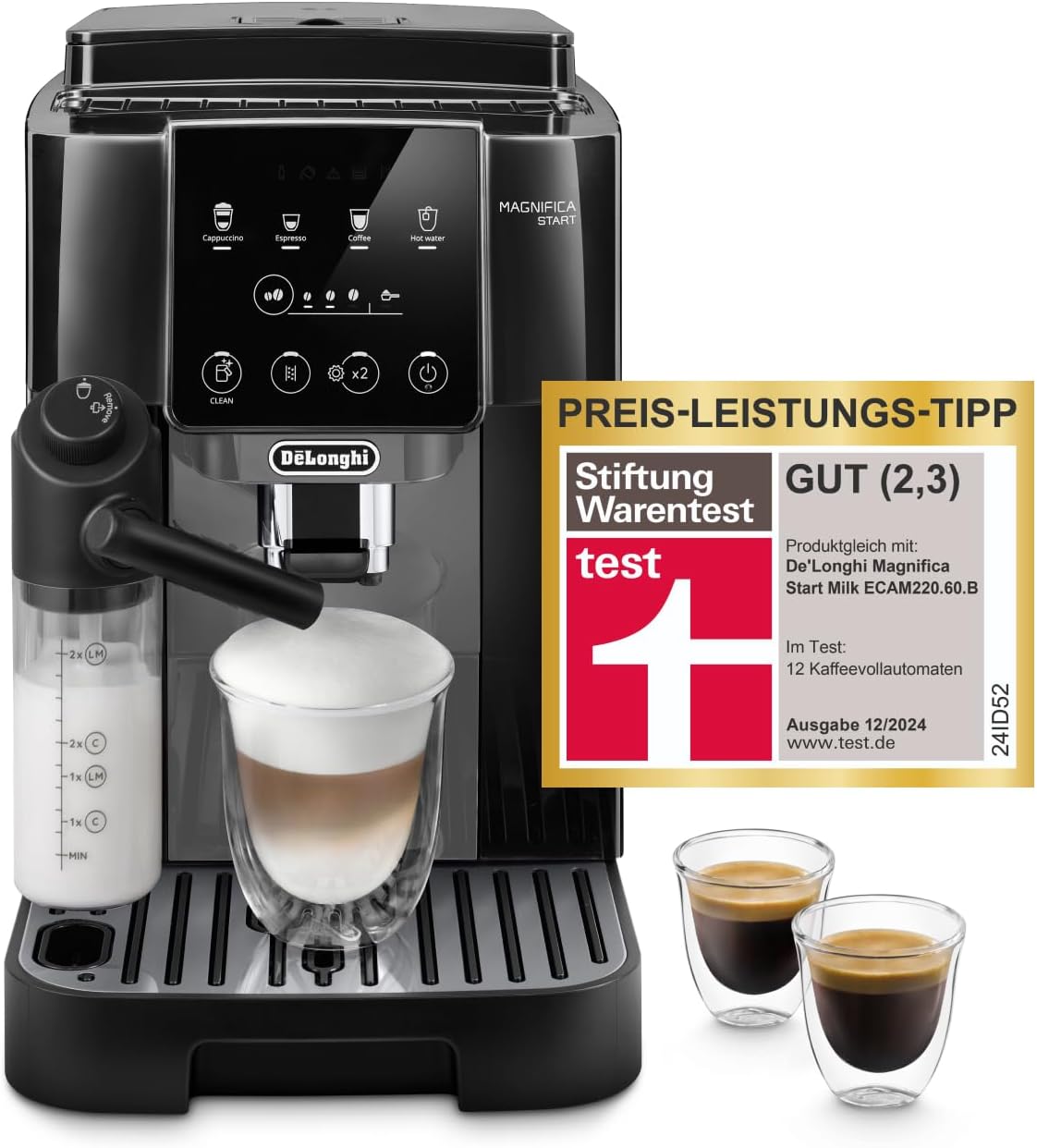 De’Longhi Magnifica Start ECAM222.60.BG*- Perfetto Kaffeevollautomat mit LatteCrema-Milchaufschäumer, 4 One-Touch-Getränke, Cappuccino Kaffeemaschine, Soft-Touch-Bedienfeld, Schwarz-Grau