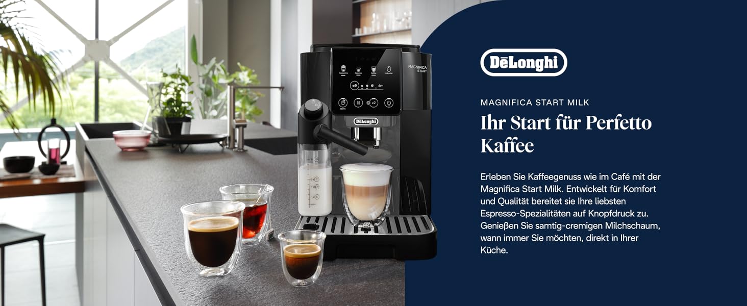 Der Text lautet „DeLonghi“ und „Die Welt ist Perfekter Kaffee“. Modernes Kücheninterieur mit Espressomaschine und Kaffeetassen auf der Theke.